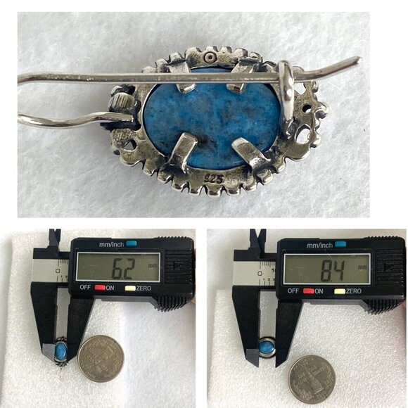 Sterling Silver 925 Oval Blue Denim Lapis Scrollwork Dangle Kidney Wire Earrings - Picture 9 of 16